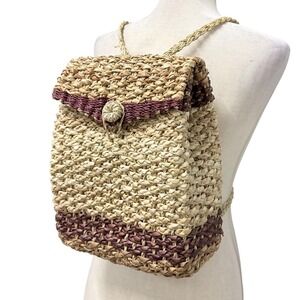 Handmade Women Woven Straw Backpack Medium Tan Boho Cottage Festival Rattan Beac